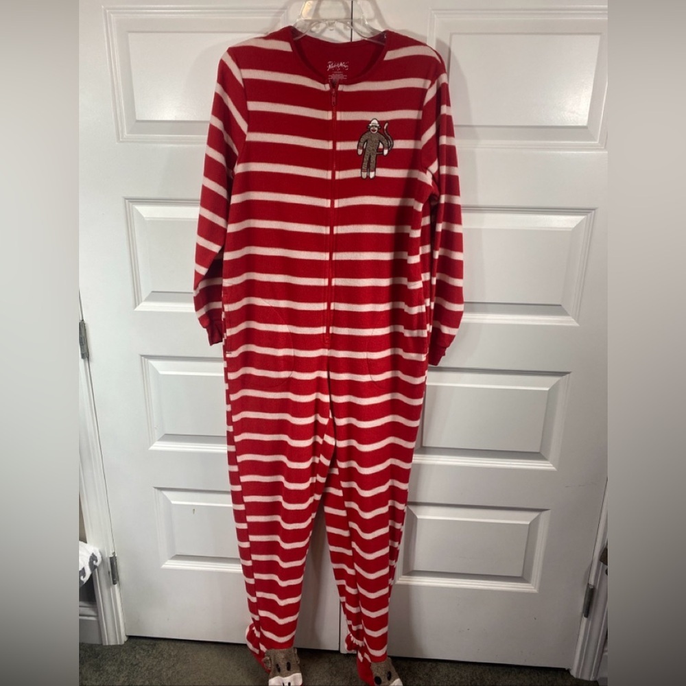 Nick & Nora Sock Monkey Pajamas Sleepwear Red White One Piece PJs Costume Small